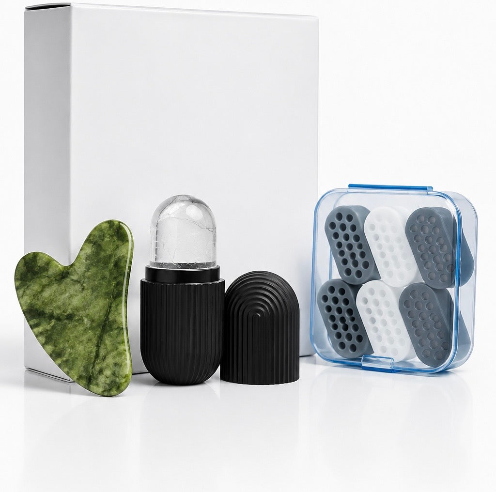 MuscleGum™ – Jaw Trainer (Pack 6) + Gua Sha jade + ice rooler