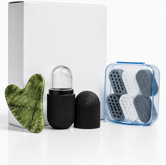MuscleGum™ – Jaw Trainer (Pack 6) + Gua Sha jade + ice rooler