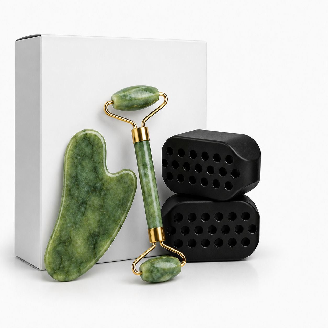 MuscleGum™ – Jaw Trainer (x2) + Gua Sha Jade + Roller en jade