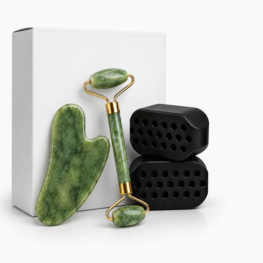 MuscleGum™ – Jaw Trainer (x2) + Gua Sha Jade + Roller en jade
